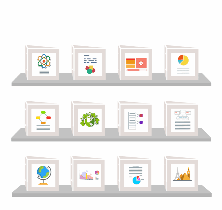 12 binders sorted with 4 grey binders in a row across 3 darker grey shelves