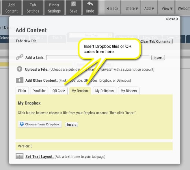 Adding Dropbox and QR codes from the "Add Content" menu