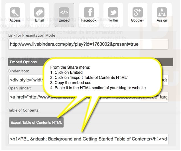 Share menu showing embed code for Table of Contents