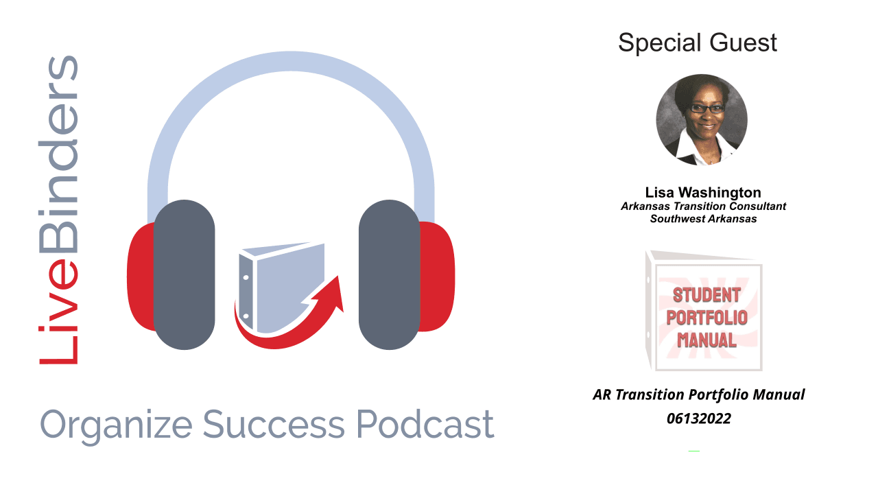 Graphic showing the LiveBinders binder icon surrounded by a large image of earphones.  The text LiveBinders appears on the left side and vertically placed by the headset.  Beneath the earphones is the text Organize Success Podcast. To the right of the earphones is the text Special Guest with a picture of Lisa Washington underneath it and her name Lisa Washington Arkansas Transition Consultant Southwest Arkansas below her picture.  Underneath that text is a picture of her binder icon with a graphic cover that says Student Portfolio Manual. There is text underneath the graphic that says AR Transition Portfolio Manual 06132022.