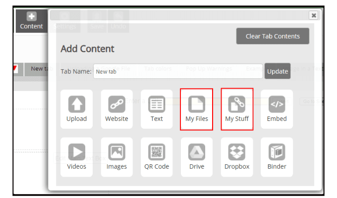 +Content Menu with My Files and My Stuff marked in red